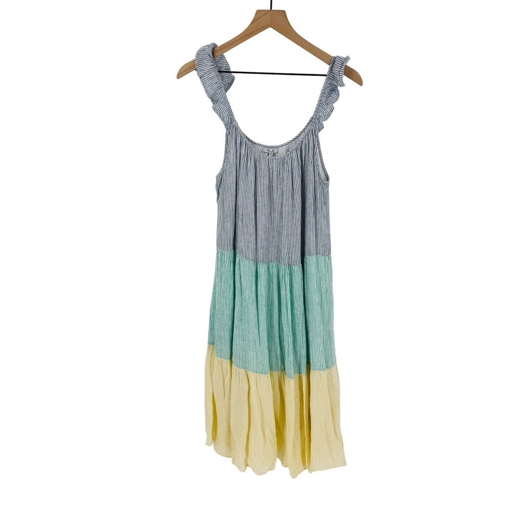 Rails Capri Mixed Rainbow Stripe Midi Dress Tiered Ruffle‎ Linen Blend Size S